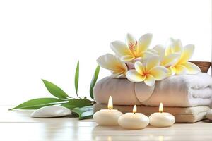 ai generado spa tratamiento aroma terapia con velas, piedras y flores para relajarse bienestar. foto