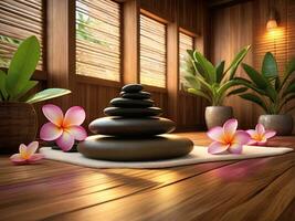 AI generated Spa treatment aroma therapy with candles, Stones and flowers for relax wellness. photo