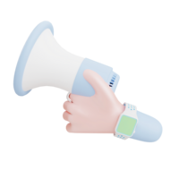 3D Illustration of hand holding megaphone on transparent png background, Promotion advertising loudspeaker concept.