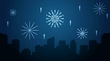 New year cityscape vector illustration. Scenery of city with sparkling fireworks in new year event. City landscape for illustration, background or wallpaper. City silhouette in the firework festival