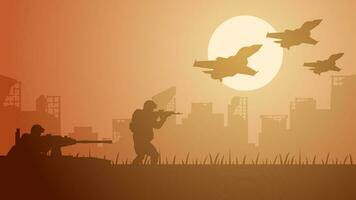 Destroyed city landscape vector illustration. Illustration of soldier mounted gun and fighter jet at war conflict. Battlefield landscape for illustration, background or wallpaper