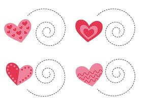 Tracing spiral lines for kids. Cute cartoon pink hearts. Handwriting practice. vector