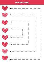 Tracing lines for kids. Cute cartoon valentine day pink hearts. Handwriting practice. vector