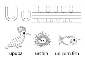 Trace uppercase and lowercase letter U. Animal alphabet for kids. vector