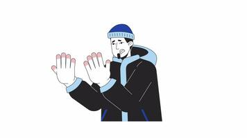 lidande man med frostnip fingrar linje 2d karaktär animation. vintertid platt Färg tecknad serie 4k video, alfa kanal. vinter- kläder kille med frysta händer animerad person på vit bakgrund video