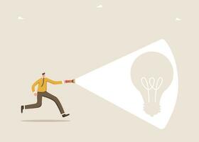 Man with flashlight looking for light bulb vector