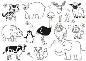 Hand-Drawn Cute Cartoonish Animals Vector Illustration Set Isolated On A White Background.