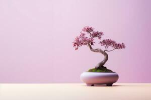 AI Generated Miniature bonsai tree in a ceramic pot on a background with a copy space. photo