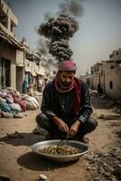 ai generado pobre hombre con un cuenco de comida durante Israel y Palestina guerra foto