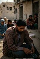 AI generated Muslim Palestine Gaza man sitting on the ground in front of his family photo