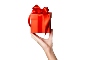 de thema van vieringen en cadeaus hand- Holding een geschenk verpakt in rood doos met rood boog geïsoleerd Aan PNG transparant achtergrond