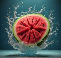 AI generated Watermelon with water splashes on a blue background. 3d rendering photo