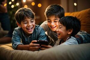 AI generated kids enjoying the excitement of using a cellphone photo