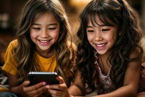 AI generated kids enjoying the excitement of using a cellphone photo