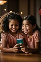 AI generated kids enjoying the excitement of using a cellphone photo