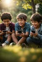 AI generated kids enjoying the excitement of using a cellphone photo