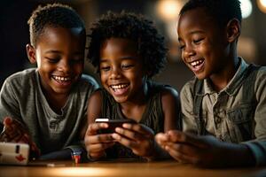 AI generated kids enjoying the excitement of using a cellphone photo