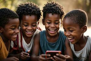 AI generated kids enjoying the excitement of using a cellphone photo