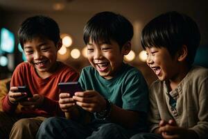 AI generated kids enjoying the excitement of using a cellphone photo