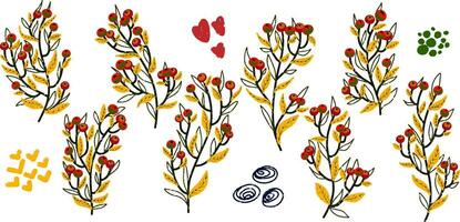 a set of red and yellow flowers and leaves vector