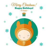 Card with child in orange jumpsuit, snow and gift box vector