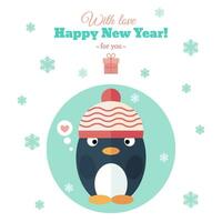 Winter card with penguin in knitted pink hat and snowflakes vector