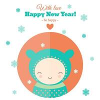 Card with child in blue jumpsuit, snow and heart vector