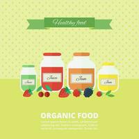 Jars and bottles with juice or jam and berries on the kitchen table vector