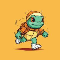 Funny cartoon turtle mascot running on a beige background in the style of teal and orange vector