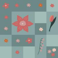 Vector seamless pattern. Minimalistic floral elements on color blocks. Wallpaper, background, paper or textile print.