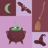 Vector color block seamless pattern  with witch hat, cauldron, broom, bat, and crescent moon. Background, wallpaper, paper or textile print.