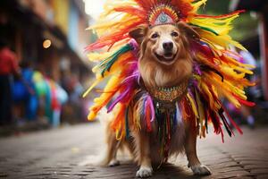 AI generated a dog dressed in colorful costume in the carnival brazilian AI Generative photo