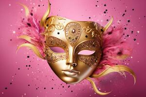 AI generated Golden carnival mask on a pink background AI Generative photo