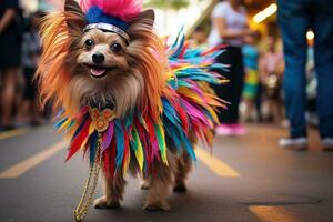 AI generated a dog dressed in colorful costume in the carnival brazilian AI Generative photo