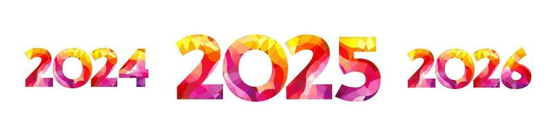 Happy New Year number collection. 2024, 2025, 2026 trendy design. Yellow, purple and red colors. vector