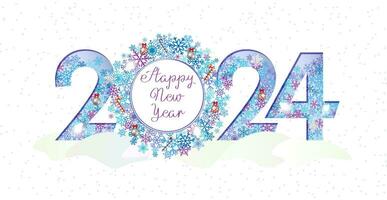 Happy New Year 2024 beautiful postcard. Cute winter design. Snowy backdrop and creative number 20 24 with clipping mask and door wreath. Snowball with text template. Christmas decorative elements. vector