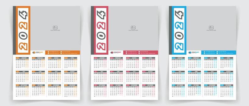 2024 One-page wall calendar design template with color variation, modern editable 12-month one-page calendar. vector