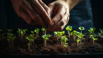 AI generated Home grown microgreens in a wooden container on a wooden table. Macro photography. Horizontal format. AI Generated photo