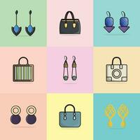 Collection of 9 Women Fashion Clutch Leather Purses and Trendy Colorful Earrings jewelry vector illustration. Beauty fashion object icon concept. Set of women fashion design accessories vector design.