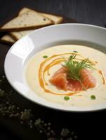 AI generated Salmon soup on white plate photo