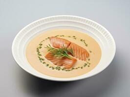 AI generated Salmon soup on white plate photo