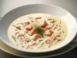 ai generado salmón sopa en blanco plato foto