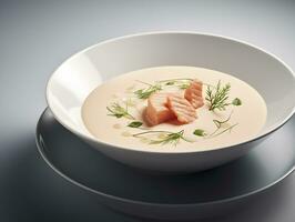 AI generated Salmon soup on white plate photo