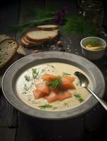 AI generated Salmon soup on white plate photo