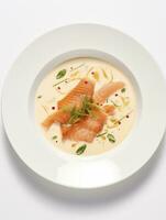 AI generated Salmon soup on white plate photo