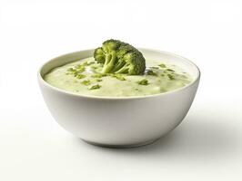 AI generated Broccoli cream soup on a white plate photo