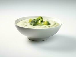 AI generated Broccoli cream soup on a white plate photo