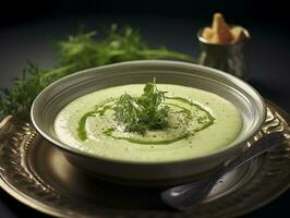 AI generated Broccoli cream soup on a white plate photo