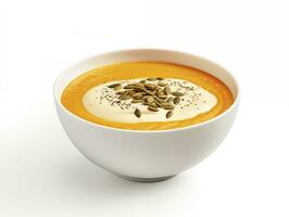 AI generated Pumpkin cream soup on a white plate photo