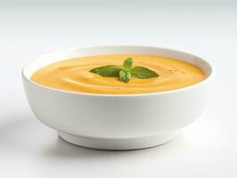 AI generated Pumpkin cream soup on a white plate photo